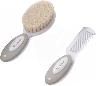 Jané Set de Cepillo y Peine, Especial para Bebés, Recién Nacido, Cerdas Naturales, Puntas Redondeadas, Beige