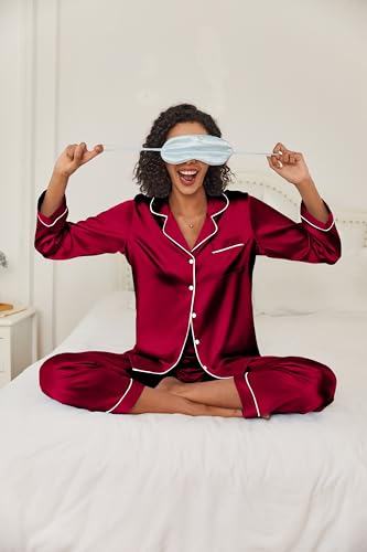 Image of Ekouaer Women Satin Pajamas Set Classic Button Down Long Pjs Set