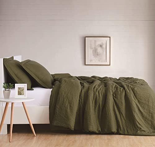Brooklyn Loom Flax Linen Olive Green Full/Queen 3-Piece Duvet Set