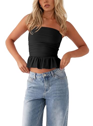CSDAJIO Ruched Tube Tops for Women Double Lined Strapless Shirt Going Out Bubble Hem Ruffle Bandeau Top4