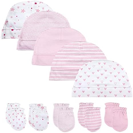 Baby Hat and Mittens, Newborn Set, 5 Hats and 5 Pairs Mittens for Babies, Boys, Girls, Ages 0-6 Months, 100% Cotton - Pink - One size