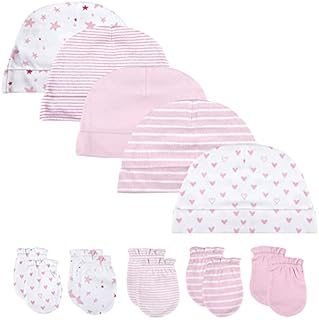 Baby Hat and Mittens, Newborn Set, 5 Hats and 5 Pairs Mittens for Babies, Boys, Girls, Ages 0-6 Months, 100% Cotton - Pink - One size