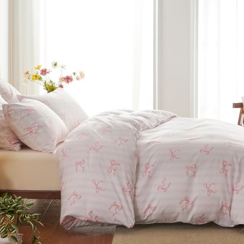Image of Bow Duvet Cover Full Size Pink Striped Bowknot Bedding Set Kids Girls Cute Bows Vertical Stripes Soft Breathable Microfiber Comforter Cover Set with Zipper Closure and 2 Pillowcases