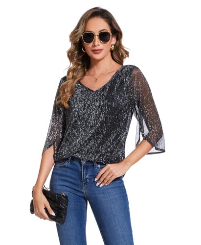 Women's 3/4 Sleeve Glitter Blouses Dressy Sparkly Double Layers Mesh Tunic Tops2