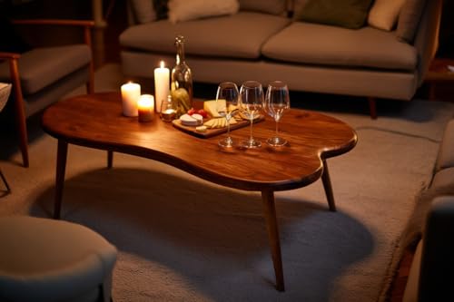 Image of Solid Sheesham Wood Coffee Table | Modern Wooden Center Table for Living Room | Oval Tea Table with Tapered Legs | Stylish Sofa Table for Lounge Area | Minimalist Cocktail Table Home Furniture | Brown