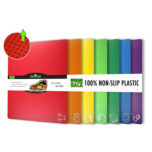 Cutting Board Mats Flexible Plastic Colored Mats With Food Icons, Fotouzy BPA-Free, Non-Porous, Upgrade 100% Anti-skid back and Dishwasher Safe, Set of 7