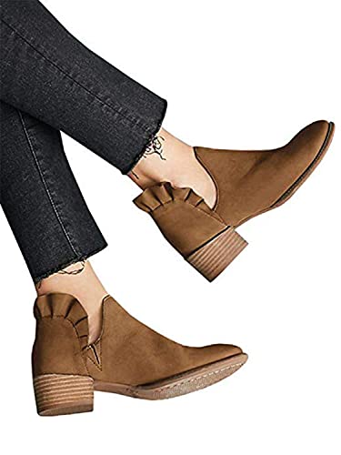 Fashare Womens Fall Cutout Booties Ankle Heels Low Stacked Ruffle Slip On Dress Short Boots Shoes2