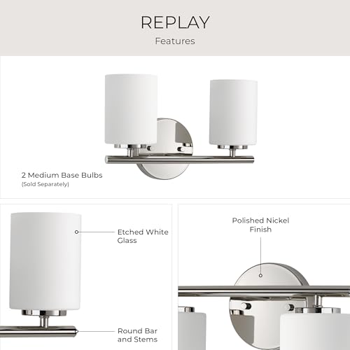 Image of Replay Collection 2-Light Etched White Glass Modern Bath Vanity Light Polished Nickel