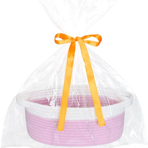 Image of Empty Gift Basket with Gift Bag & Ribbon, Woven Rope Basket, 12x8x5