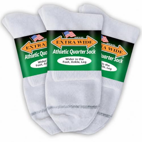 Extra Wide Athletic Quarter Socks - Superior Stretch Wide Foot & Ankle - 3 Pack Up to 6E Width Non-binding - USA - White Large