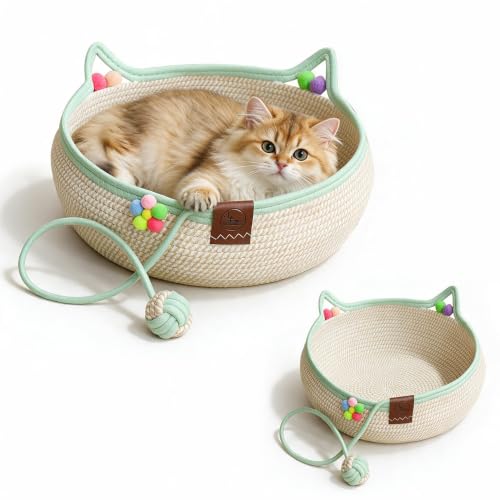 KQWVZ Cama para Gatos Interior De Algodón Tejido A Mano, 46× 15 cm Cesta Tejida para Gatos, Cesta para Gatos con Juguete De Bola Rascadora, Plegable Y Transpirabl, para Todos Los Gatos