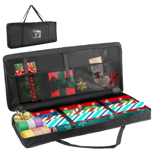 GOEDCH Contenitore per carta da regalo: 82 x 35 x 14 cm, organizer per carta regalo con scomparti, impermeabile, con finestra trasparente e scomparto a rete per decorazioni natalizie