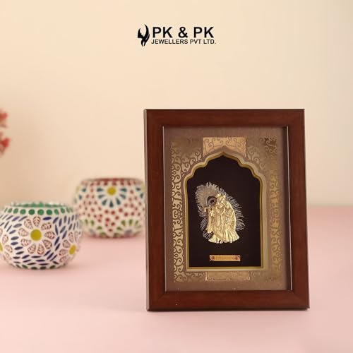 Image of Pk & Pk Jewellers Lord Radha Krishna with Peacock Feather | 24KT Gold Frame | Temple Collection | Extra Small Size [14x18 cm] (For Premium Gift, Temple, Table Decor, Home Decoration)