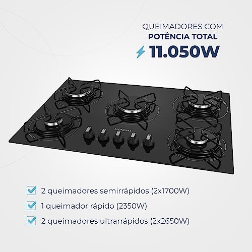 MONDIAL Cooktop a Gás, 5 Bocas, Preto/Inox, Bivolt - CTG-02 glide