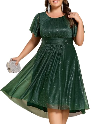 Ever-Pretty Plus Women's Round Neck Glitter Elastic Band Back Short Sleeves Midi Plus Size Formal Wedding Guest Dresses
