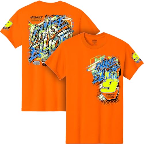 Classic Ink USA Chase Elliott #9 NASCAR 2026 Safety Orange 2 Sided Car Neon T-Shirt (US, Alpha, XX-Large, Regular, Regular)