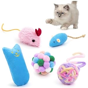 5Pcs Cats Toys Set, Interactive Kitten Toy for Indoor Kitty with Fuzzy Bell Balls Crinkle Catnip-Filled Toys Ball of Yarn Mice for Boredom Relief & Exercise – Mixed Color