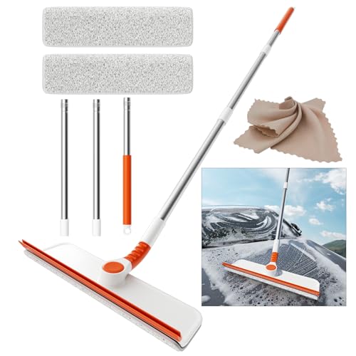 Image of Window Squeegee Cleaning Pole, 2-in-1 Car Window Cleaner Tool with 50 inch Extendable Pole Bendable Head Window Washing Equipment or Indoor Outdoor Glass Door Car Windshield (Cleaner with Beige Cloth)