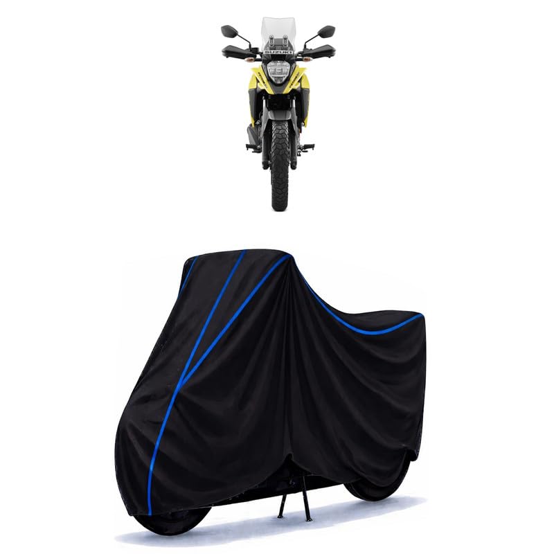 Image of Suzuki V-Strom SX STD Bike Cover Water Resistant Universal Motorcycle Rain | Heavy Duty UV Protection, Dust, Scratch Indoor Outdoor All Weather with Black Blue Piping Elastic