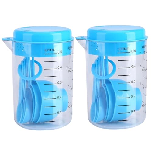 VILLCASE 14Pcs Plastic Measuring Cups and Spoons Kit for Kitchen Baking and Cooking Tools Blue Graduated Measuring Beaker and Spoons for Accurate Ingredient Measurement