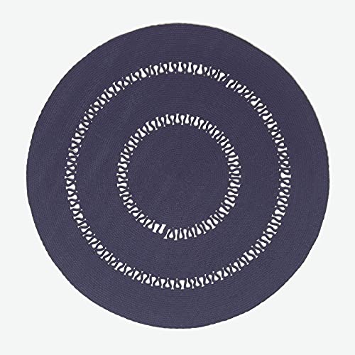 Image of HOMESCAPES Navy Blue Crochet Rug Handwoven Cotton Braided Mat Reversible 120 cm Round Rug for Living Room & Bedroom