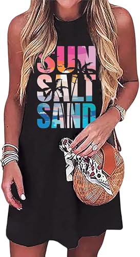 Image of Sun Salt Sand Coconut Tree Tank Mini Dress for Women Sleeveless Beach Praty Shirts Summer Vacation Short Mini Dresses