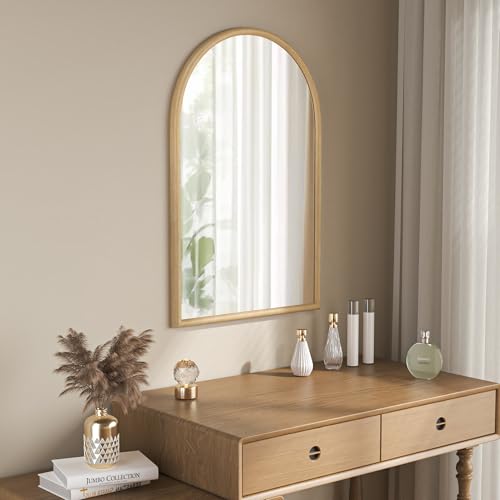 Image of 24 inchx36 inch Arch Wall Mirror for Wall, Wall Mounted Vanity Mirror for Bedroom, Wood Grain Finish Frame Mirror with Tempered Glass, Vintage Decorative for Bathroom, Entryway, Living Room, Natural