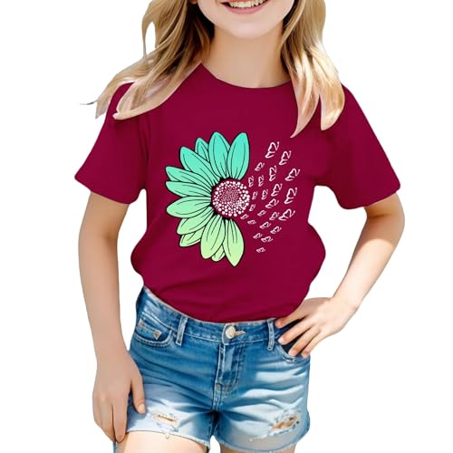 Girls Loose Fit Sunflower Graphic T Shirts Short Sleeve Crewneck Cute Pattern Printed Tops Kids (I-Wine, 3-4 Years)3