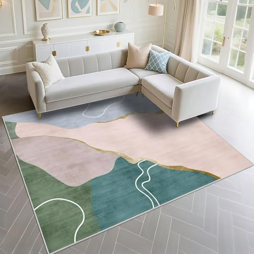 DJHWWD Alfombras Pelo Corto Antideslizantes 140x200cm, Verde y Rosa Patrones de Rayas Modernas para Habitaciones de niñas en la Sala de Estar