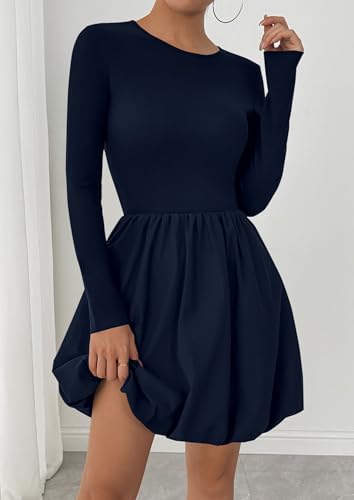PRETTYGARDEN Fall Dresses for Women 2025 Casual Long Sleeve Bubble Cute Crew Neck A Line Mini Short Dress with Pockets3