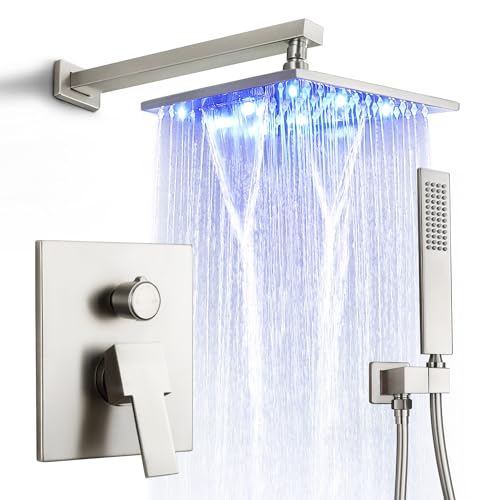 SKOWLL-Brushed-Nickel-Square-Shower-Faucet-Set-Rainfall-Shower-Head-LED-Shower-Faucet-Overhead-Shower-System-Shower-Head-and-Handle-Set-Wall-Mount-10-Inch-with-2-Function-Shower-Valve-Kit
