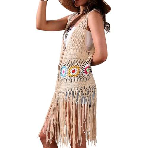 Image of Women's Floral Crochet Hollow Out Sleeveless Fringe Boho Retro-Look Handmade Cardigan Vest Tassels
