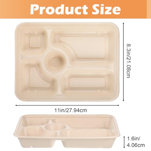 xozeooeu 60 Pack Compostable 5 Compartment Plates, 11” x 8.3” Disposable Bagasse Lunch Trays, Heavy-Duty Eco-Friendly Sectional Paper Plates for Learning Places, Party, Buffet (Beige) - Thumbnail 3