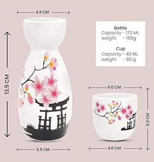 Melbify Japanese Sake Flower Blossom Design Set | 1 Pc Sake Bottle(180 ml) & 4 Pc Sake Cup(45 ml) | Traditional Craftsmen's Hand Painted Design | Tokkuri Carafe & Cups | Ceramic Serving Gift Set
