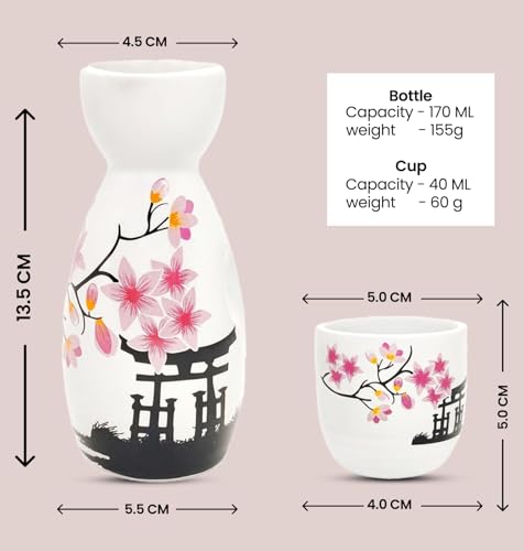 - Melbify Japanese Sake Flower Blossom Design Set | 1 Pc Sake Bottle(180 ml) & 4 Pc Sake Cup(45 ml) | Traditional Craftsmen's Hand Painted Design | Tokkuri Carafe & Cups | Ceramic Serving Gift Set