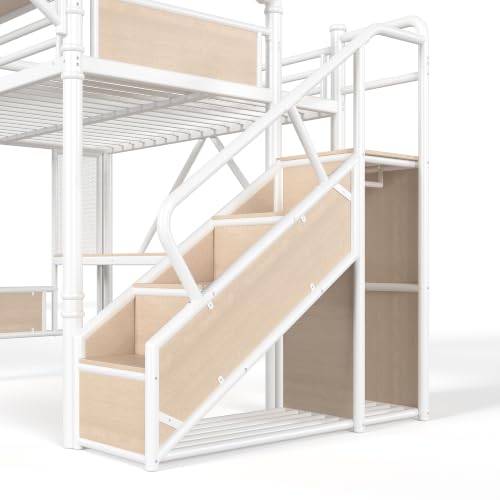 Image of Bellemave Full loft Bed with Storage Stairs, Wardrobe, Shelves, Metal Full Loft Bed Frame for Adults, Kids, Teens, White+Natural Wood with Stairs