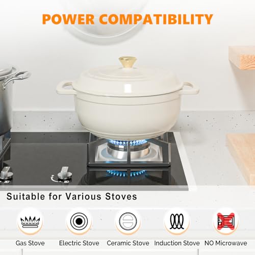 Bonnlo Enameled Cast Iron Round Pot, 27cm/5.6L Dutch Oven Cookware with Lid, Silicone Gloves, Heavy-Duty Pre-Seasoned Cookware for Bread Baking, Braising, Stews, Roasting - White, 6QT - Image 3