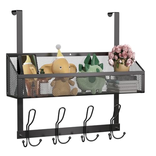 Upesitom Over The Door Hooks Organizer with 12 Hooks, Over The Door Storage Rack with Mesh Basket,Back of Door Storage Organizer Over The Door Hanger for Bedroom,Bathroom,Kitchen, Pantry, Black
