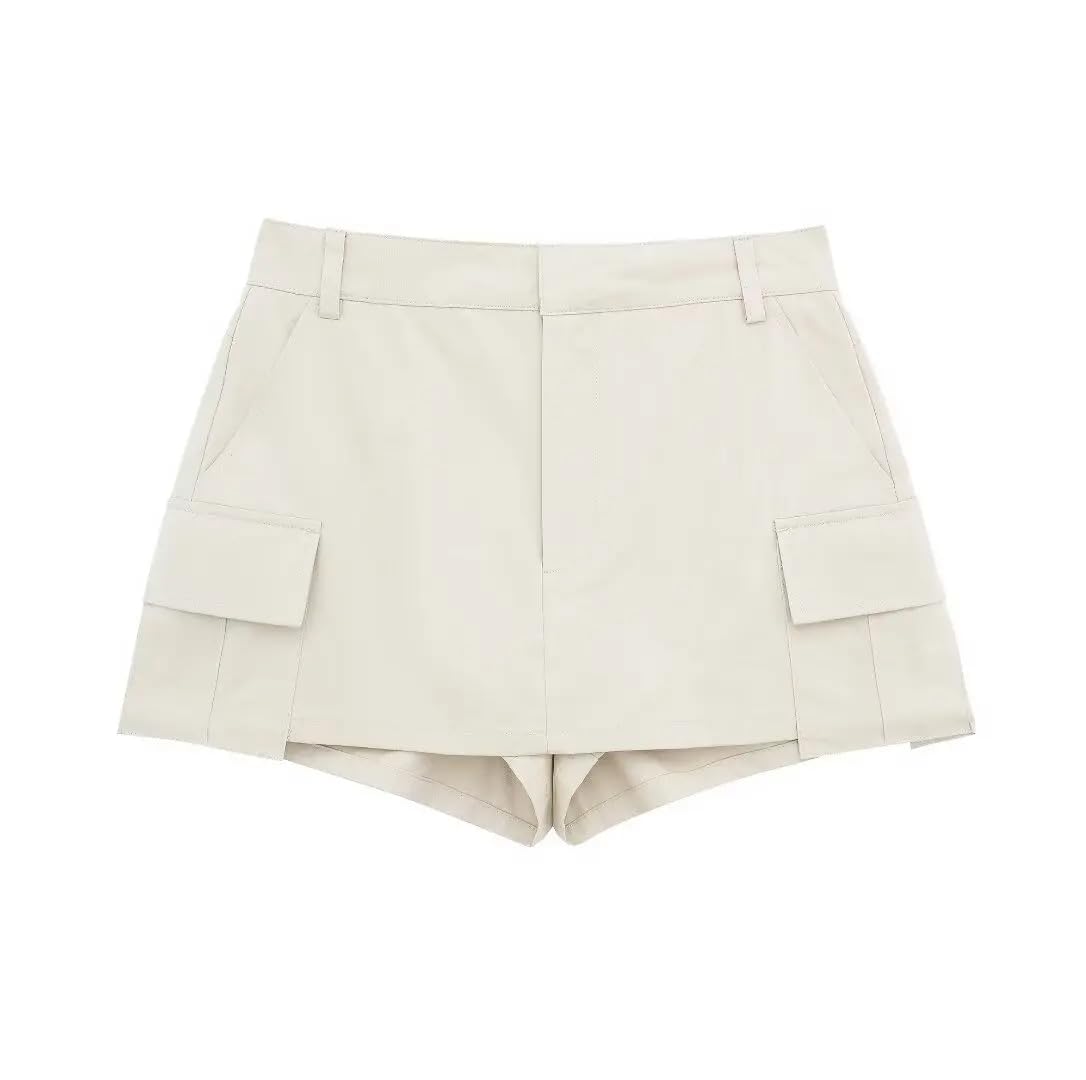 Pantalones cortos de cintura alta para mujer, caqui, M