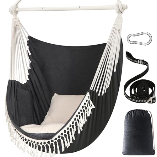 Chihee Sièges Suspendus 150 x 120 cm Fauteuil hamac Poids Maximal 227 kg Balançoire Suspendue Confortable et Large 2 Coussins Barre d'écartement en métal avec rainures antidérapantes Poche latérale