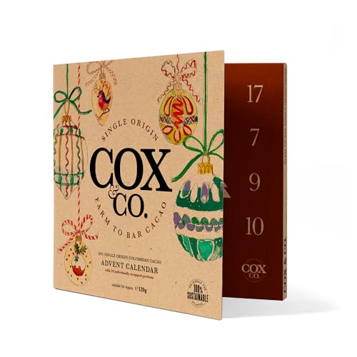 Cox&Co. Christmas Luxury Dark Chocolate Vegan Advent Calendar 2025 | 24 x 5g 60% Colombian Single Origin Cacao | Small Batch | Exclusive Artwork | 100% Plastic Free