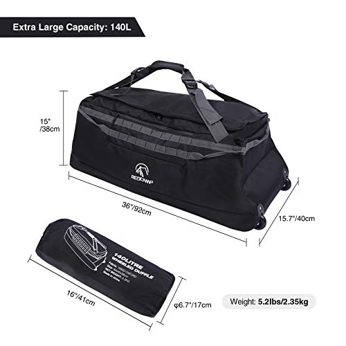 REDCAMP 140L Foldable Duffle Bag with Wheels and Backpack Straps, 1680D Oxford Extra Large rolled Duffel Bag backpack for Camping Travel Gear, Black