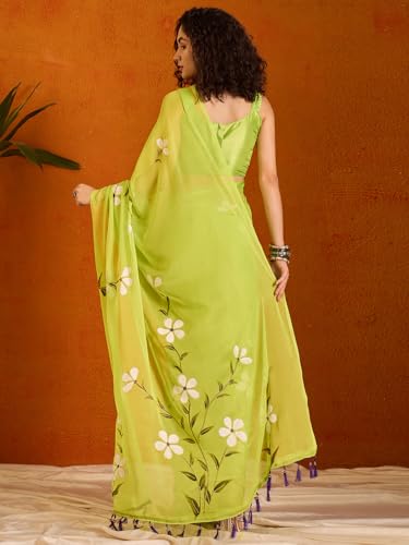 Image of SAREE MALL Women's Chiffon Daisy Floral hand paint Tassel Pallu Lightweight Summer Saree