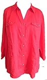 JM Collection 20W 100% Linen 2-Pocket Button Down Long Sleeve Collared Top Red