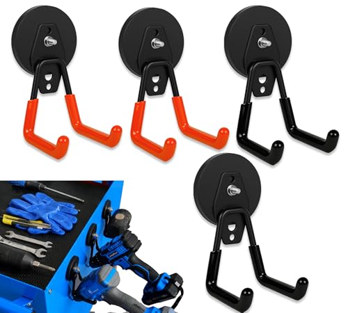Haikole 4 Pack Strong Magnet Hooks Heavy Duty Rubber Coated No Damage Hook for Garage Storage Dual Hook Design Large Magnetic Hangers for Tools Garden Workshop (Orange2pcs + Black2pcs)
