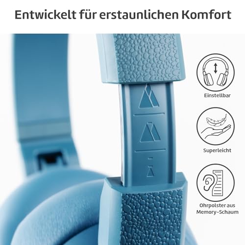 POGS Drahtloser Bluetooth Over-Ear Noise Cancelling-Kopfhörer | The Turtle | Faltbarer robuster Kopfhörer | Lautstärkebegrenzung 85 dB, Mikrofon | Kabellose Musik-Sharing-Funktion (rBlau)