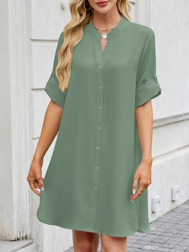 Image of PerZeal Womens Sexy V Neck Button Down Shirt Dresses Summer Short Sleeve Casual Loose Blouses & Button-Down Shifts Cover Ups