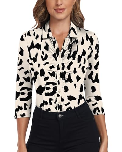 Soneven Women's 3/4 Sleeve Golf Polo Shirts V Neck Ruffle Sleeve Dressy Tops Casual Work Tunic Blouses