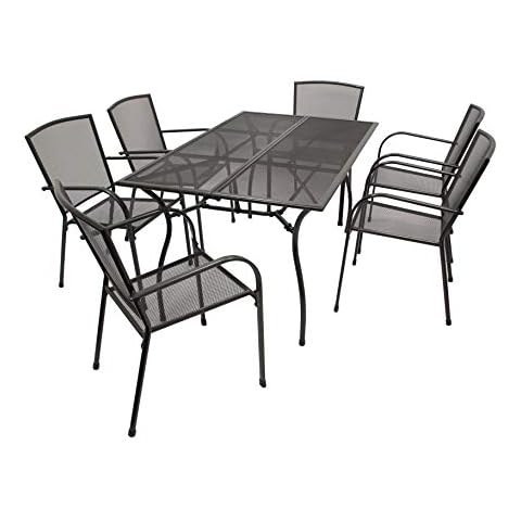 DEGAMO Gartengarnitur Classic 7-teilig, 6X Stapelsessel und 1x Tisch 90x150cm rechteckig, Streckmetall anthrazit beschichtet Cover