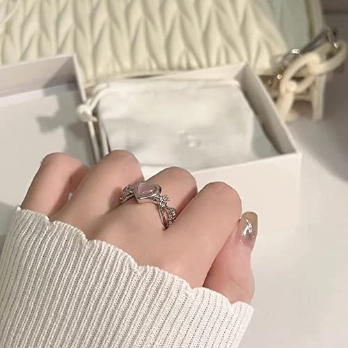 Dtja Pink Heart Twisted Band Ring for Women Silver Plated Cat Eye Love Promise Statement Open Wrap Finger Ring Comfort Fit Fashion Wedding Birthday Mother's Day Jewelry Gift3